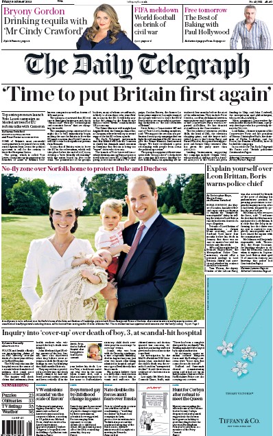 The Daily Telegraph Newspaper Front Page (UK) for 10 October 2015