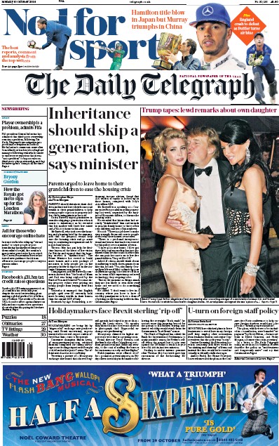 The Daily Telegraph Newspaper Front Page (UK) for 10 October 2016