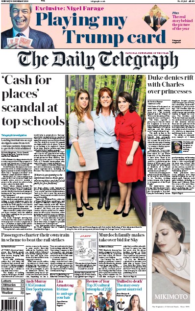 The Daily Telegraph Newspaper Front Page (UK) for 10 December 2016