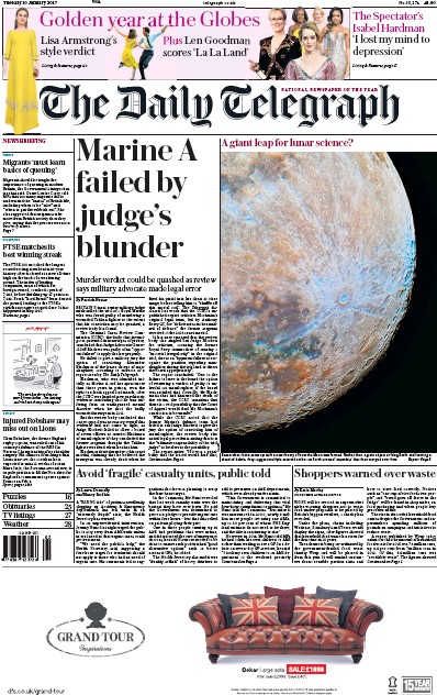 The Daily Telegraph Newspaper Front Page (UK) for 10 January 2017