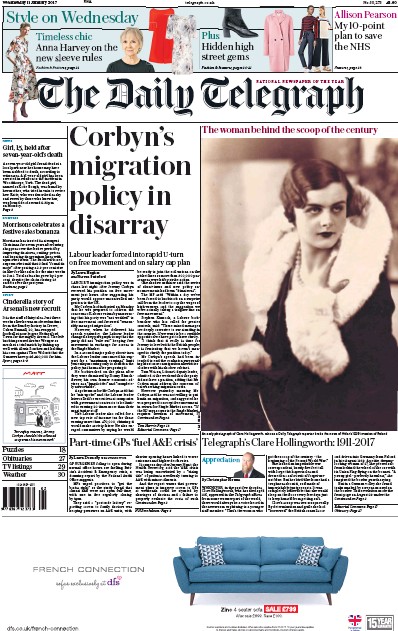 The Daily Telegraph Newspaper Front Page (UK) for 11 January 2017