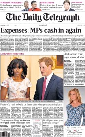 The Daily Telegraph Newspaper Front Page (UK) for 11 May 2013