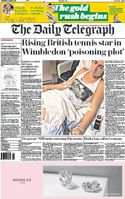 The Daily Telegraph Newspaper Front Page (UK) for 11 August 2016
