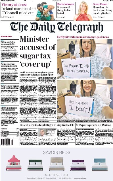 The Daily Telegraph Newspaper Front Page (UK) for 12 October 2015