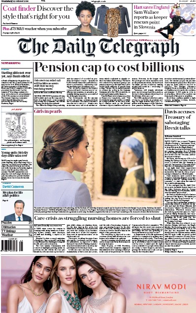 The Daily Telegraph Newspaper Front Page (UK) for 12 October 2016