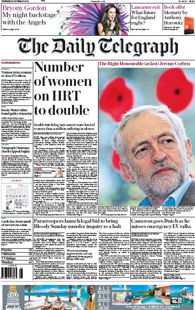 The Daily Telegraph Newspaper Front Page (UK) for 12 November 2015