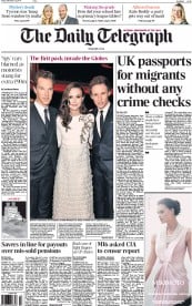 The Daily Telegraph Newspaper Front Page (UK) for 12 December 2014