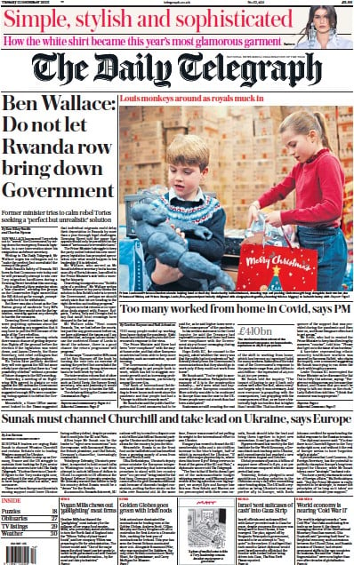The Daily Telegraph Newspaper Front Page (UK) for 12 December 2023