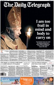 The Daily Telegraph Newspaper Front Page (UK) for 12 February 2013