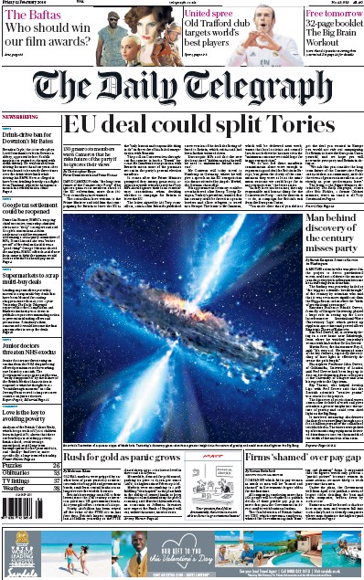 The Daily Telegraph Newspaper Front Page (UK) for 12 February 2016