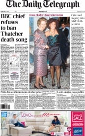 The Daily Telegraph Newspaper Front Page (UK) for 12 April 2013
