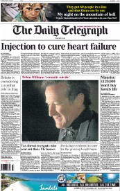 The Daily Telegraph Newspaper Front Page (UK) for 12 August 2014