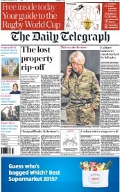 The Daily Telegraph (UK) Newspaper Front Page for 12 September 2015