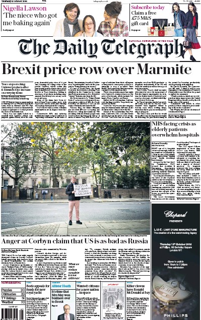 The Daily Telegraph Newspaper Front Page (UK) for 13 October 2016