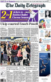 The Daily Telegraph Newspaper Front Page (UK) for 13 December 2014