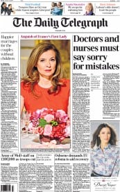 The Daily Telegraph Newspaper Front Page (UK) for 13 January 2014