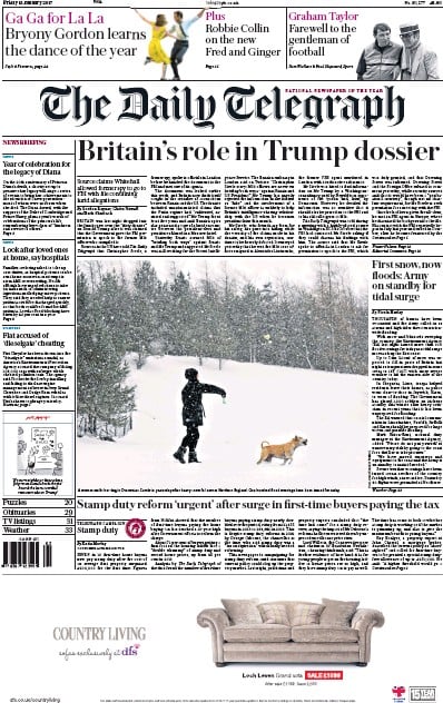 The Daily Telegraph Newspaper Front Page (UK) for 13 January 2017