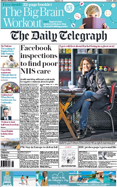 The Daily Telegraph Newspaper Front Page (UK) for 13 February 2016