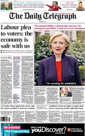 The Daily Telegraph Newspaper Front Page (UK) for 13 April 2015
