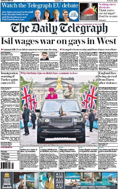 The Daily Telegraph Newspaper Front Page (UK) for 13 June 2016