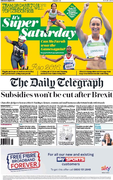 The Daily Telegraph Newspaper Front Page (UK) for 13 August 2016