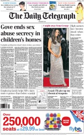 The Daily Telegraph Newspaper Front Page (UK) for 13 September 2013