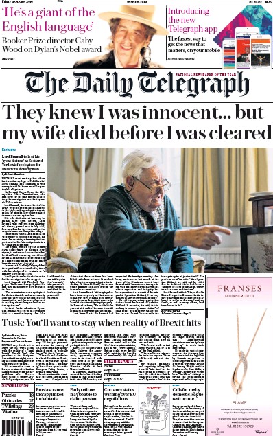 The Daily Telegraph Newspaper Front Page (UK) for 14 October 2016