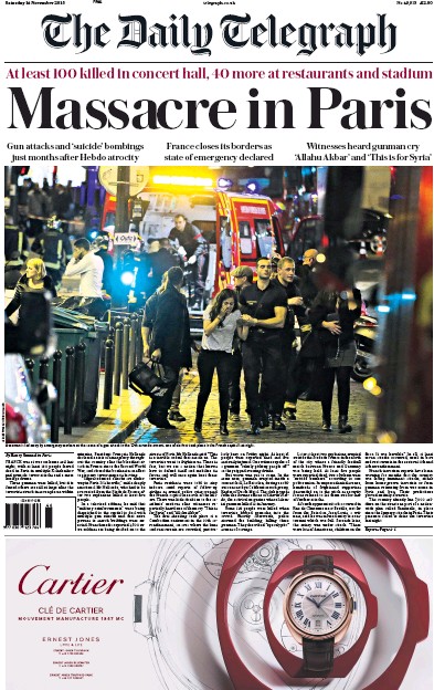 The Daily Telegraph Newspaper Front Page (UK) for 14 November 2015