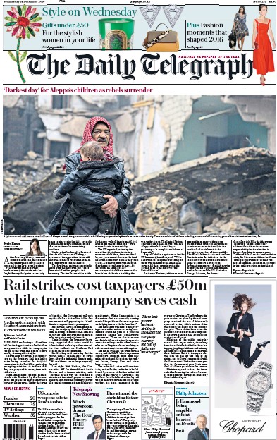 The Daily Telegraph Newspaper Front Page (UK) for 14 December 2016