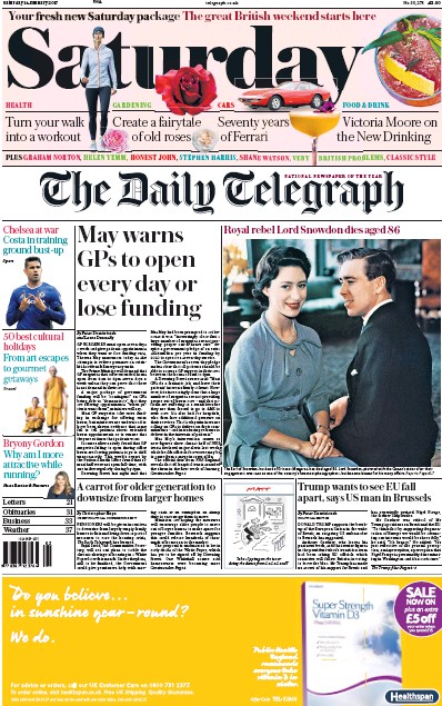 The Daily Telegraph Newspaper Front Page (UK) for 14 January 2017