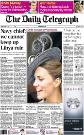 The Daily Telegraph Newspaper Front Page (UK) for 14 June 2011