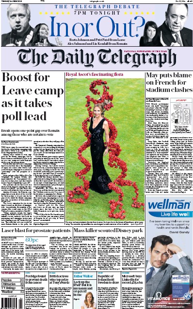 The Daily Telegraph Newspaper Front Page (UK) for 14 June 2016