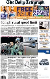 The Daily Telegraph Newspaper Front Page (UK) for 14 July 2012