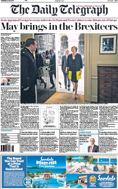 The Daily Telegraph Newspaper Front Page (UK) for 14 July 2016