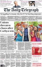 The Daily Telegraph Newspaper Front Page (UK) for 14 September 2015