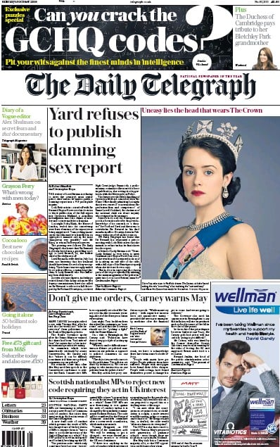 The Daily Telegraph Newspaper Front Page (UK) for 15 October 2016