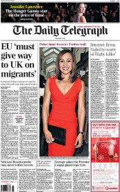 The Daily Telegraph (UK) Newspaper Front Page for 15 November 2014