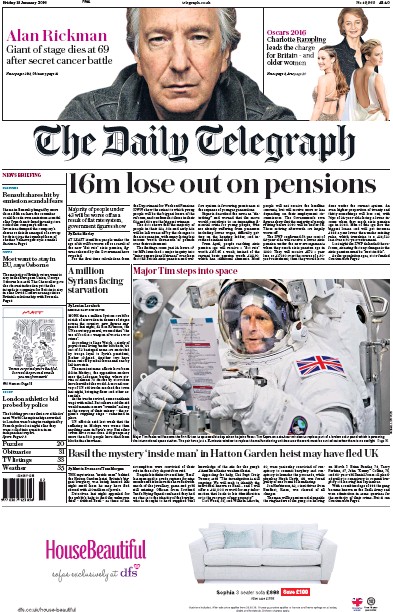 The Daily Telegraph Newspaper Front Page (UK) for 15 January 2016