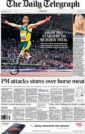 The Daily Telegraph Newspaper Front Page (UK) for 15 February 2013