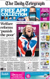 The Daily Telegraph Newspaper Front Page (UK) for 15 February 2014