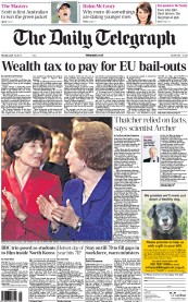The Daily Telegraph Newspaper Front Page (UK) for 15 April 2013