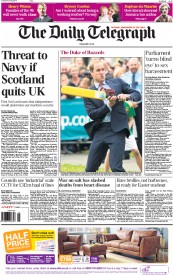 The Daily Telegraph Newspaper Front Page (UK) for 15 April 2014