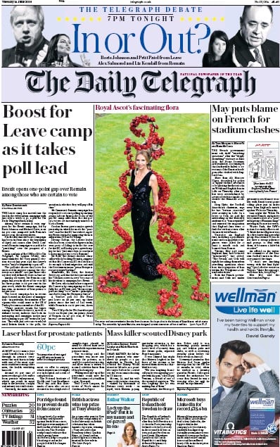 The Daily Telegraph Newspaper Front Page (UK) for 15 June 2016