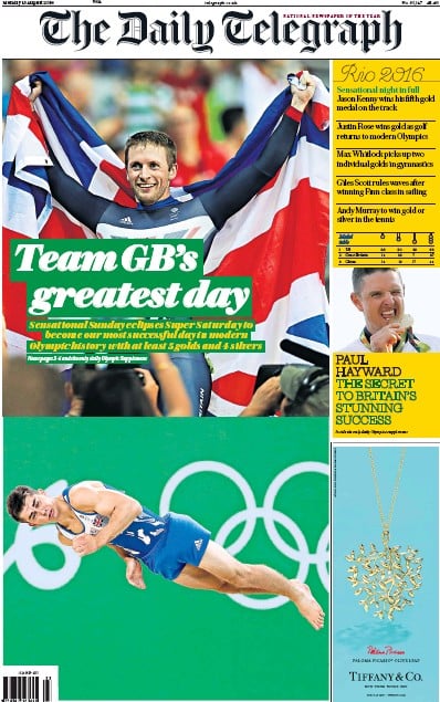 The Daily Telegraph Newspaper Front Page (UK) for 15 August 2016