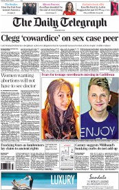 The Daily Telegraph Newspaper Front Page (UK) for 16 January 2014