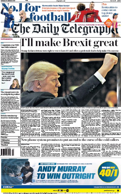 The Daily Telegraph Newspaper Front Page (UK) for 16 January 2017