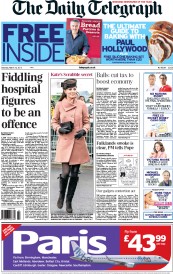 The Daily Telegraph Newspaper Front Page (UK) for 16 March 2013