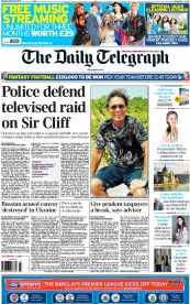 The Daily Telegraph Newspaper Front Page (UK) for 16 August 2014