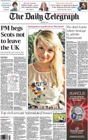 The Daily Telegraph Newspaper Front Page (UK) for 16 September 2014