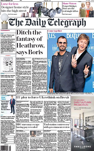 The Daily Telegraph Newspaper Front Page (UK) for 16 September 2016